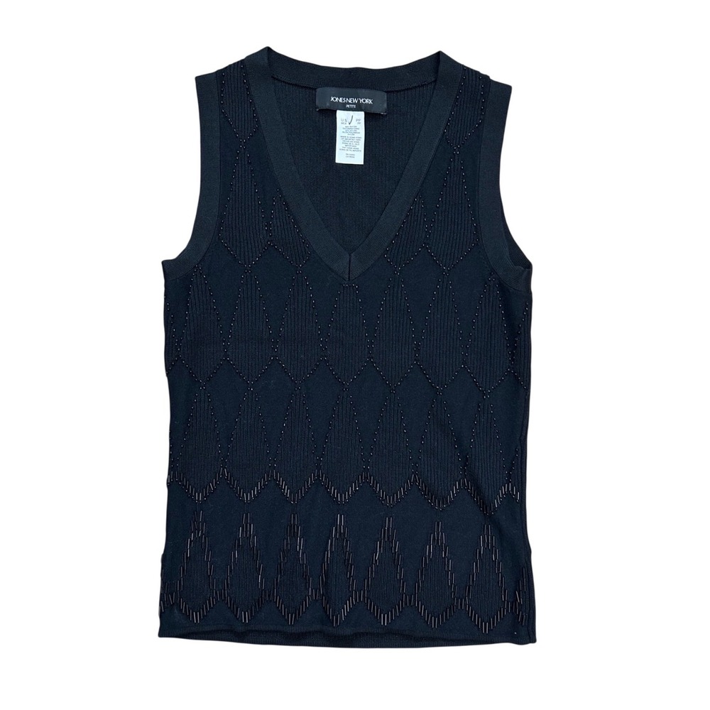Black Beaded Ribbed Knit V-Neck tank top Sweater Vest Vintage Y2K‎ small petite